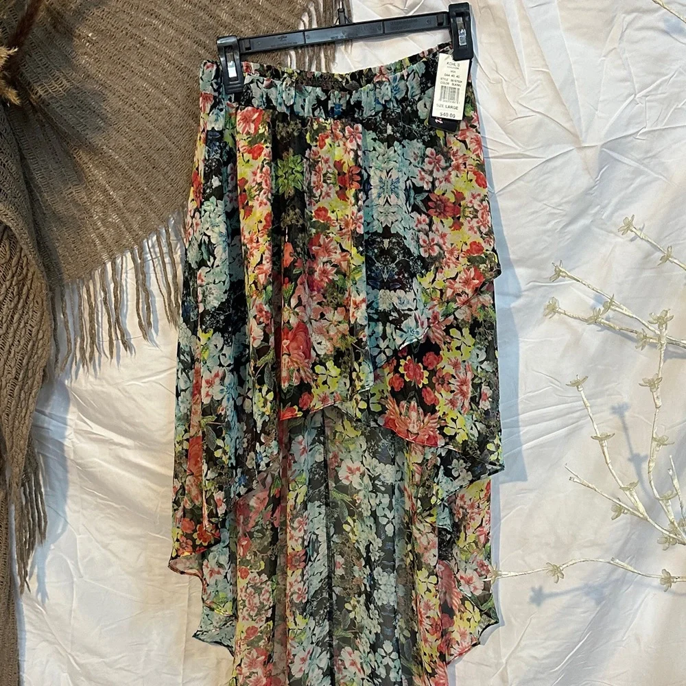 Zara Black Floral High-Low Chiffon Skirt with Multicolor Blooms - Picture 1 of 5